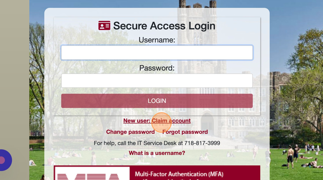Screen capture depicting Clicking “New User: Claim Account”